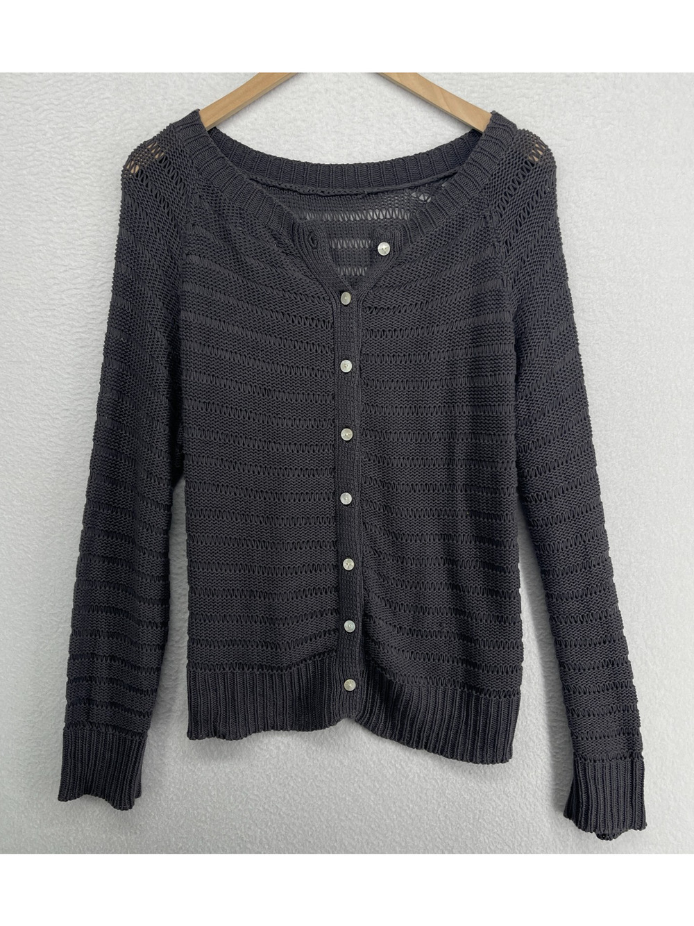 RIVER Sweater XL Cardigan Cotton Blend Sheer Striped Button Up Long Sleeve Gray